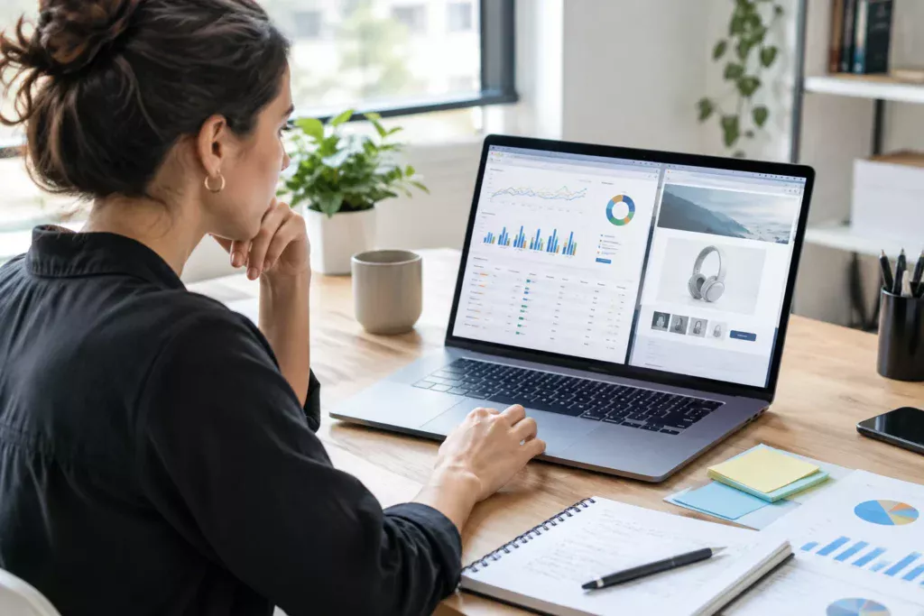 Specialist analizând intenția comercială în PPC pentru software pe un laptop
