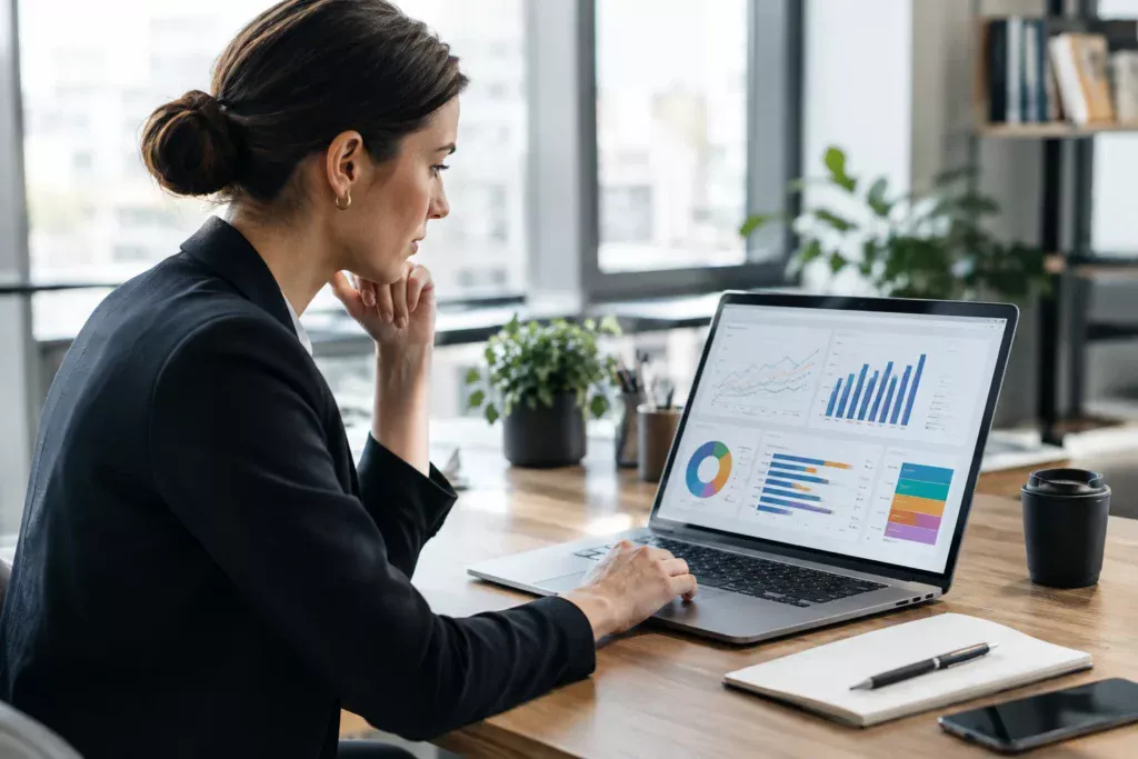 Specialist analizând prioritizarea canalelor de performance marketing pe un dashboard