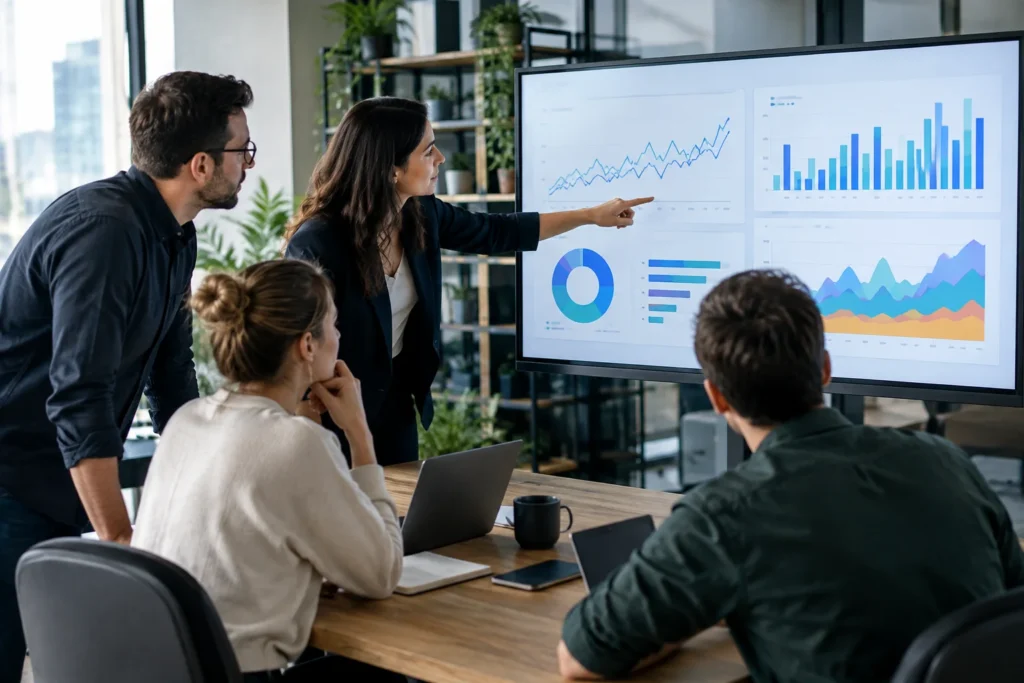 Echipă analizând măsurare în performance marketing pe un dashboard cu conversii și trafic