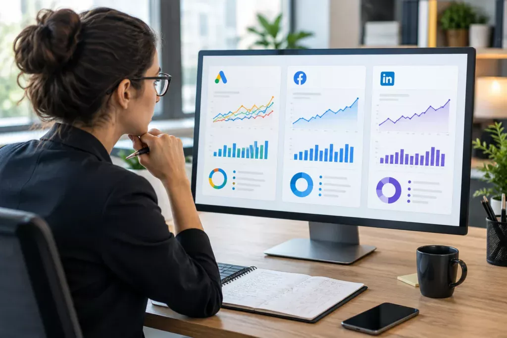 Specialist marketing compară Google Ads, Facebook Ads și LinkedIn Ads pe un monitor